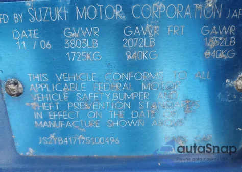 2007 Suzuki Sx4 Sport из США, поврежденный, VIN JS2YB417175100496